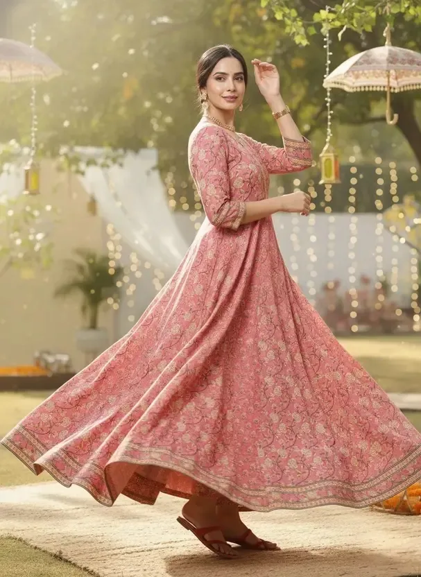 Women Floral Print Cotton Rayon Flared Kurta (S)