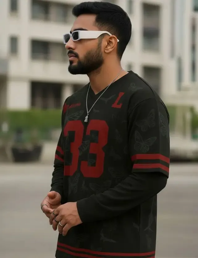 Men Printed V Neck Polyester Black T-Shirt (S)